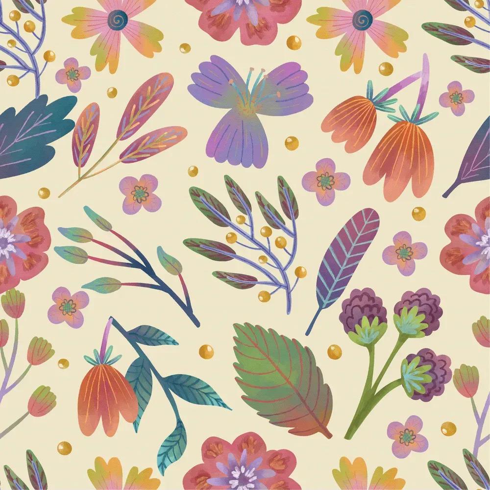 彩色手绘花卉无缝背景预览图 Colorful Hand Drawn Floral Seamless Background