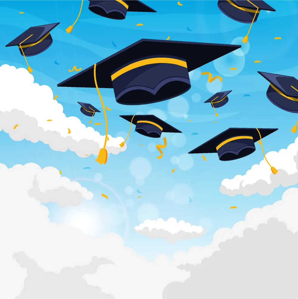 天空中毕业帽背景与云朵预览图 Graduation Caps in the Sky Background with Cloud