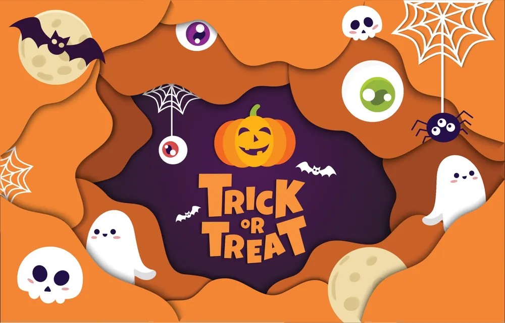 纸雕风格可爱万圣节捣蛋背景预览图 Trick or Treat Cute Background in Papercut Style