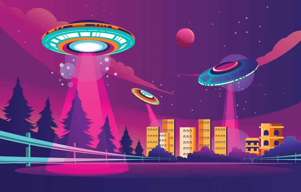 城市多色背景中美丽UFO入侵预览图 Beautiful of UFO Invasion in the City Multicolored Background