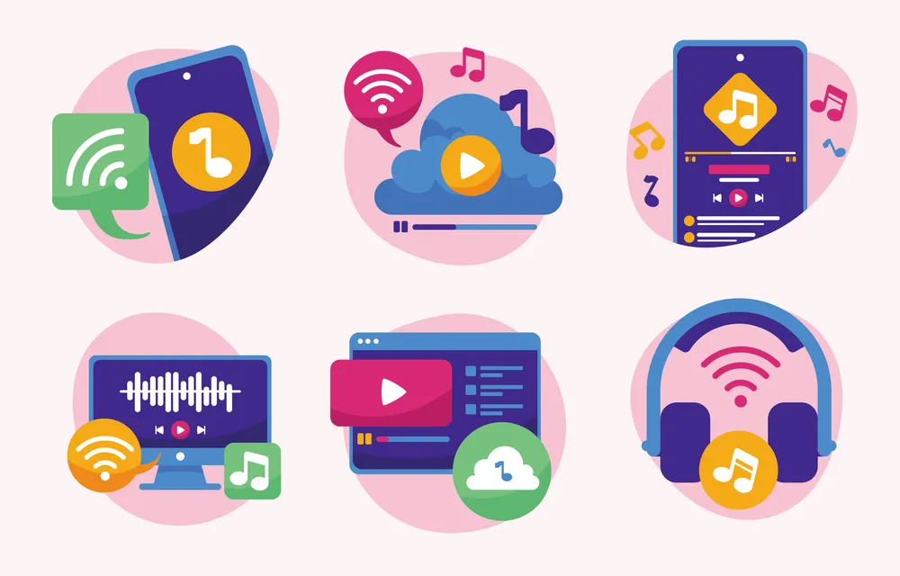 音乐流媒体插图图标套装预览图 Music Streaming Illustrated Icons Set