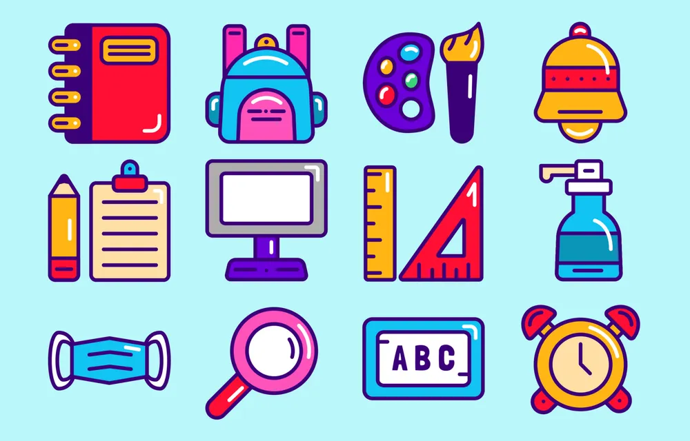 疫情返校可爱图标概念矢量预览图 Back to school in pandemic cute icon concept free vector