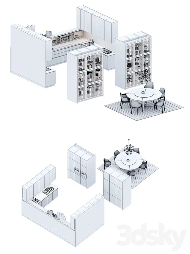 欧式厨房橱柜厨具和餐桌餐椅3D模型预览图2