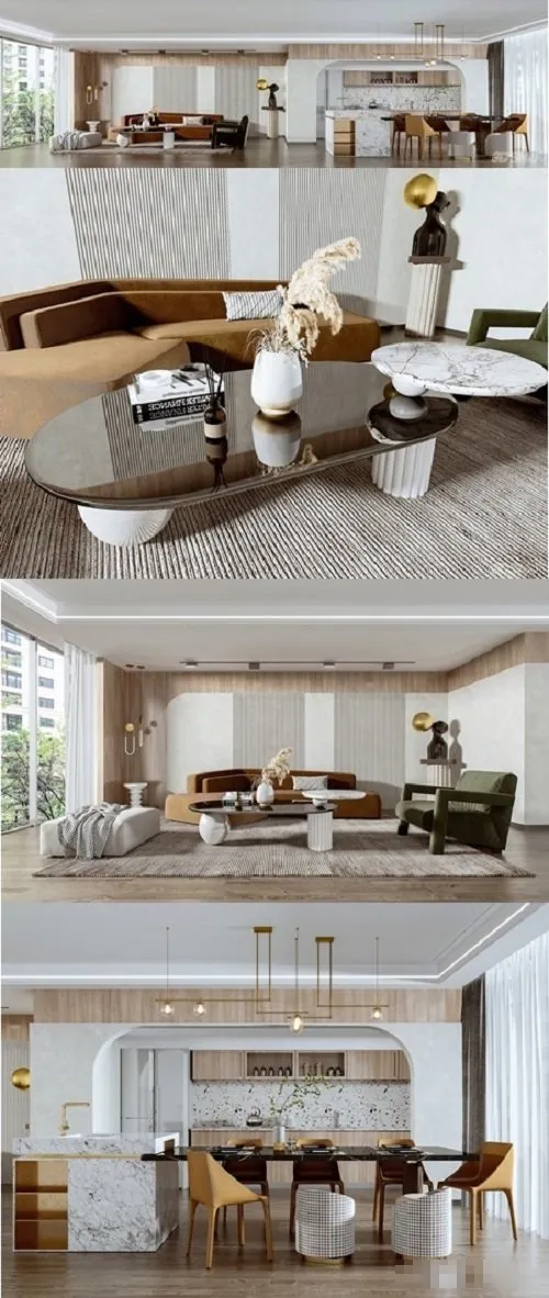 客厅和开放式厨房室内场景3D模型预览图