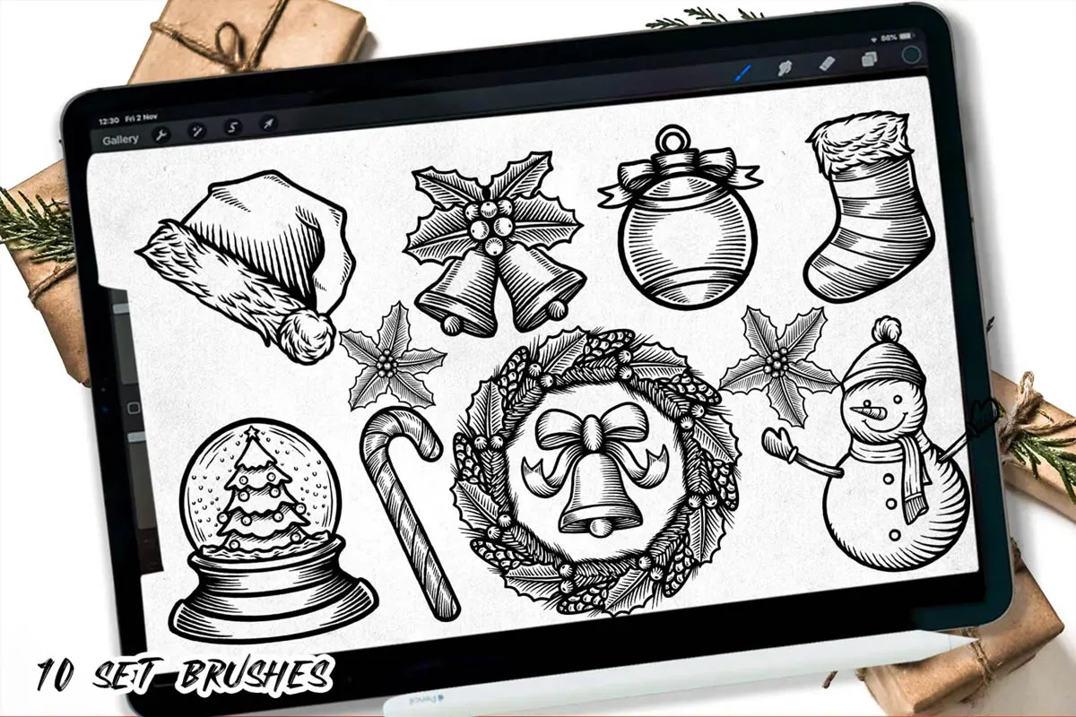 10款圣诞节复古photoshop笔刷和Procreate笔刷预览图1