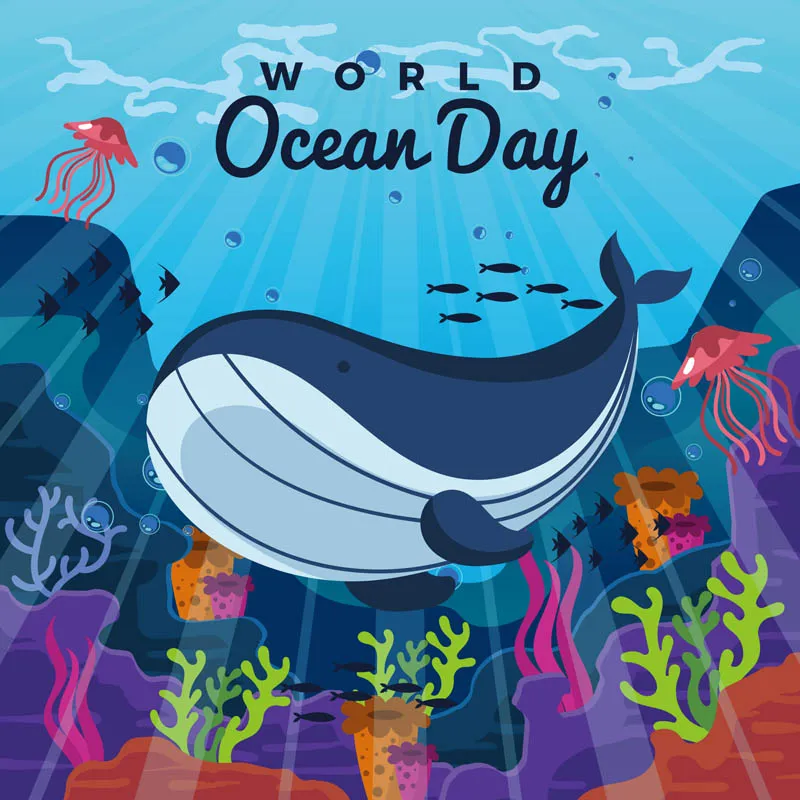 Big Whale And Jellyfish Swimming Near Coral Reefs