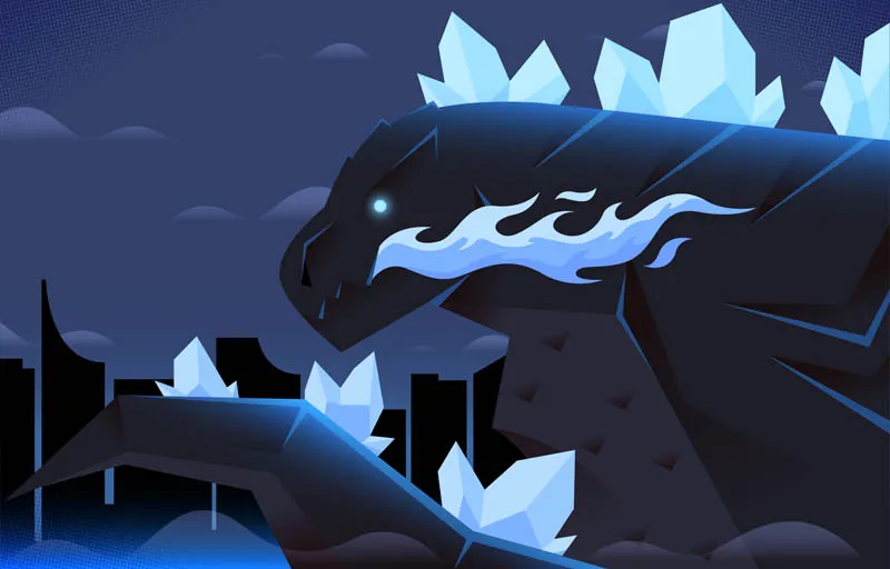 A Giant Lizard With Fire Breathing Attacking The City