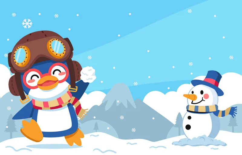 Background of Cute Little Penguin Playing Snowball