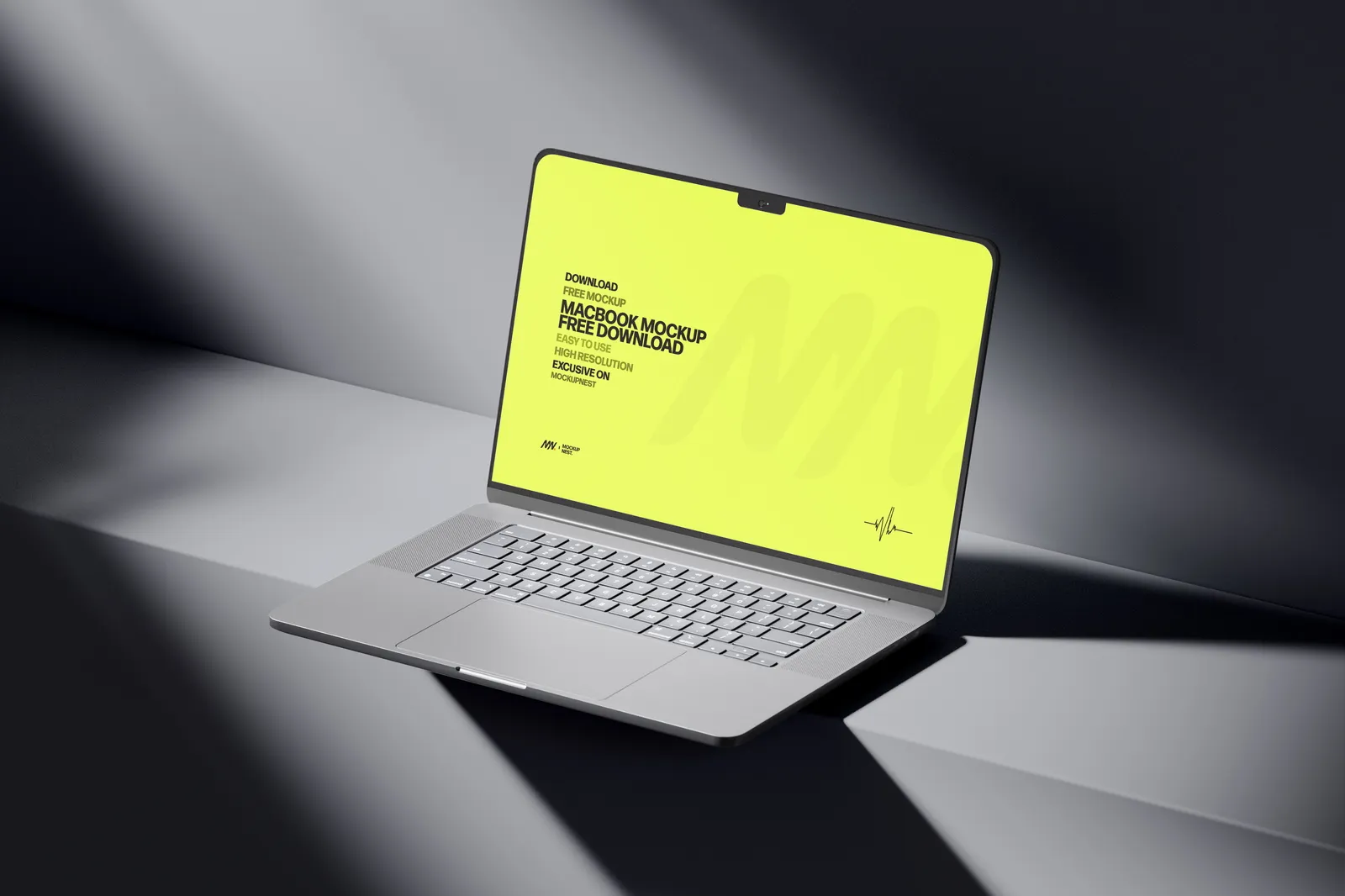 黑暗灯光中的MacBookPro样机模型预览图