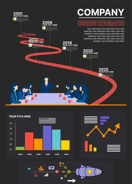 company infographic template dark cartoon business elements  