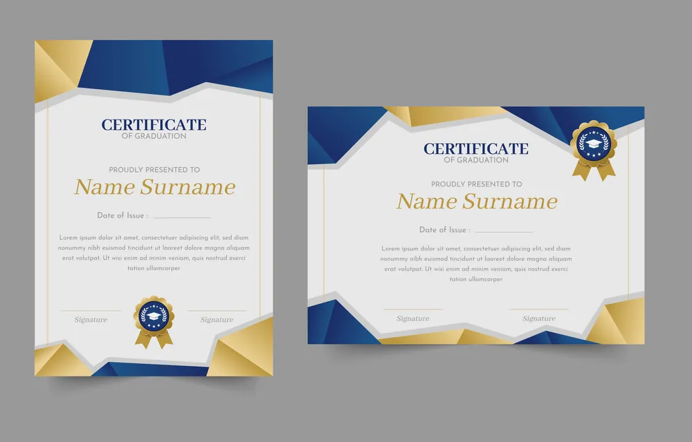 Education Certificate in Blue and Gold Background