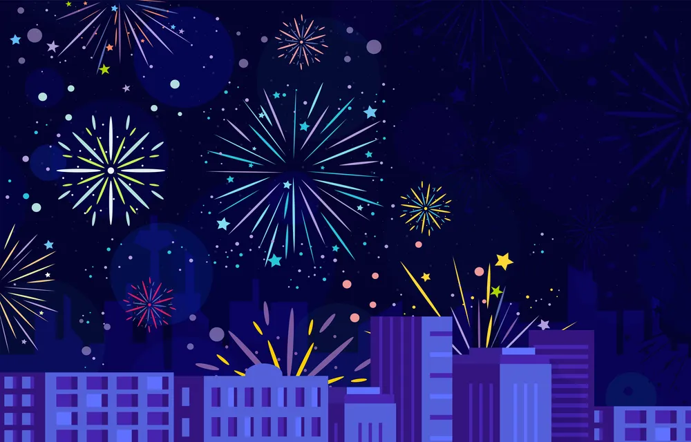 Colorful Fireworks Above The City Buildings Background