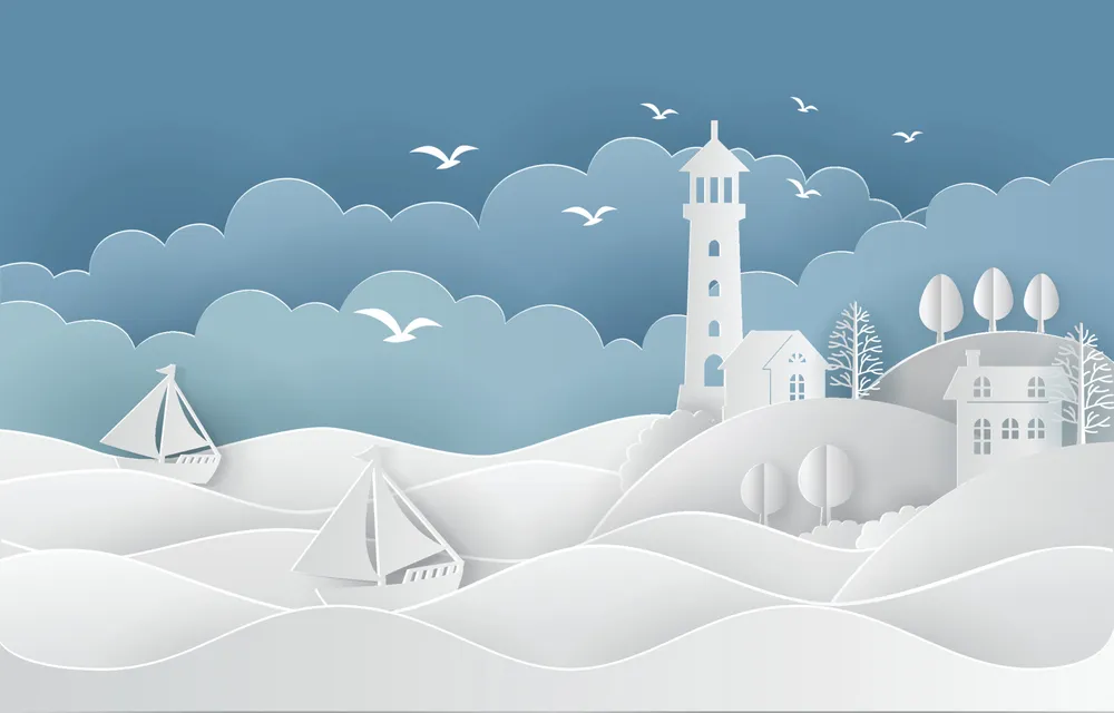 Sea Scenery Background with Papercut Style