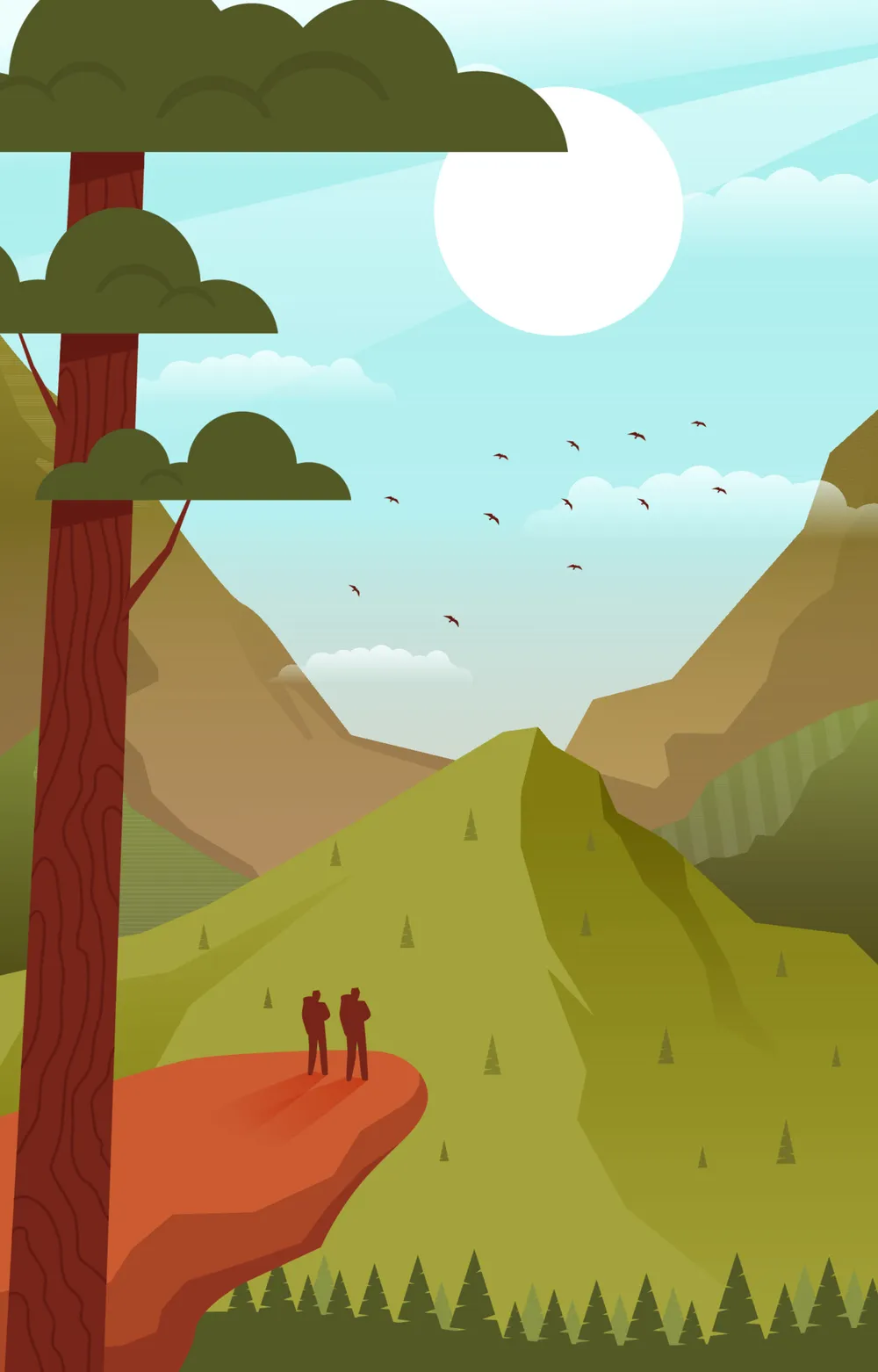 Two Men Hiking with Green Mountain Background