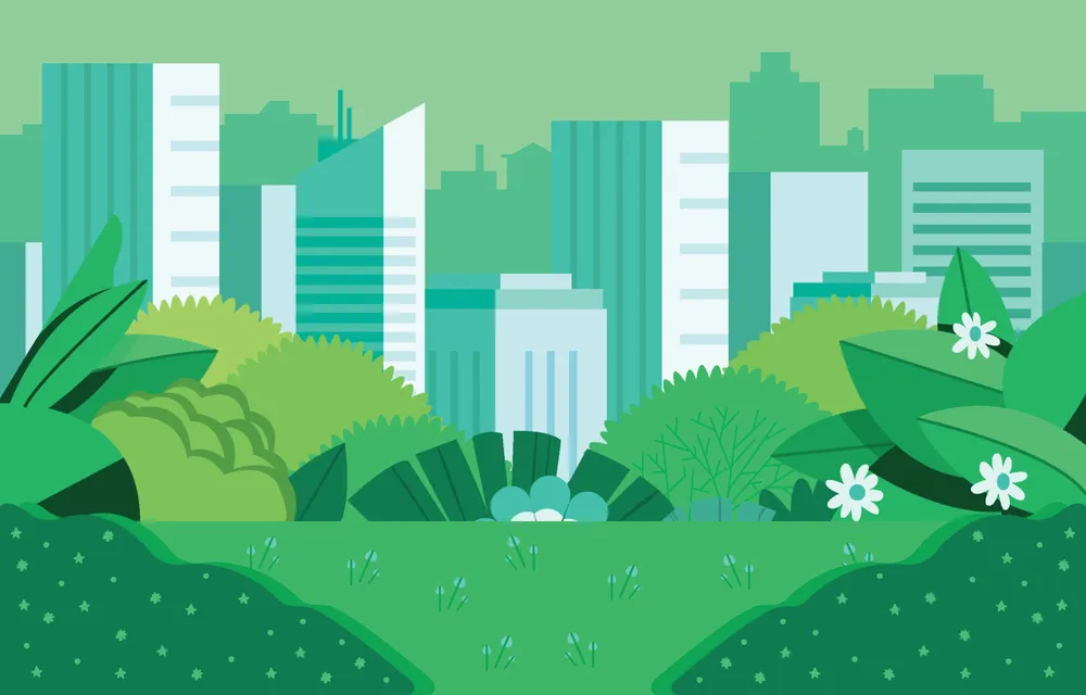 Green City Park With Buildings Background