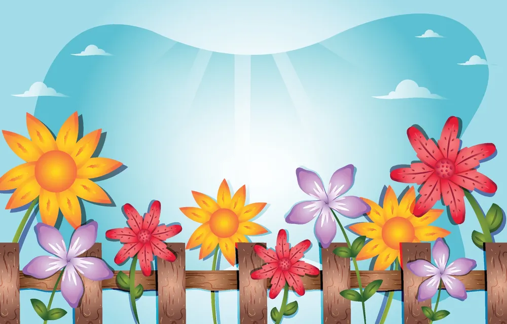 Wood Fence with Flowers and Sky Background