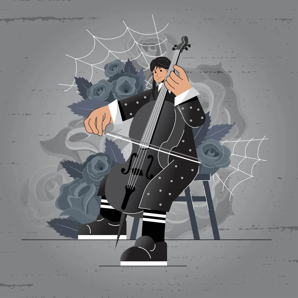 A Girl Playing Cello in Black Costume with Rose Background