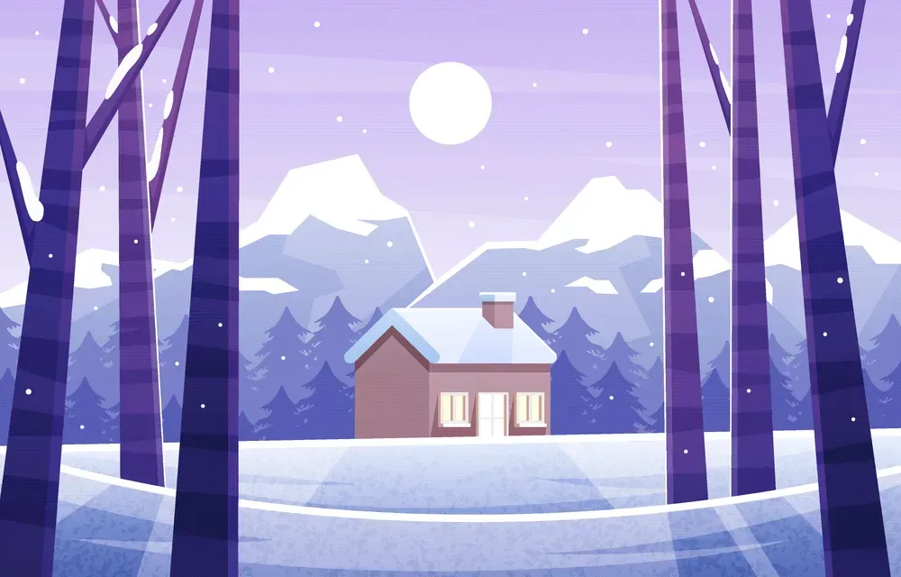Winter Nature Scenery with House and Woods Background