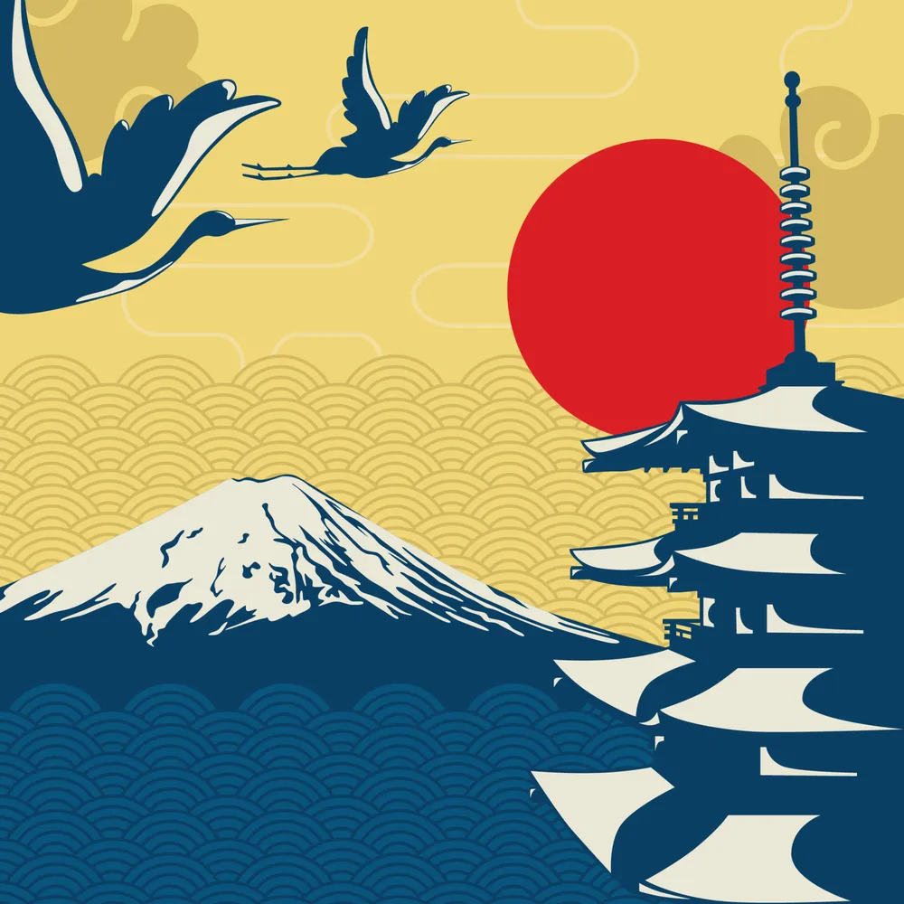 Japanese Style Elements Background With Fuji Mountain View