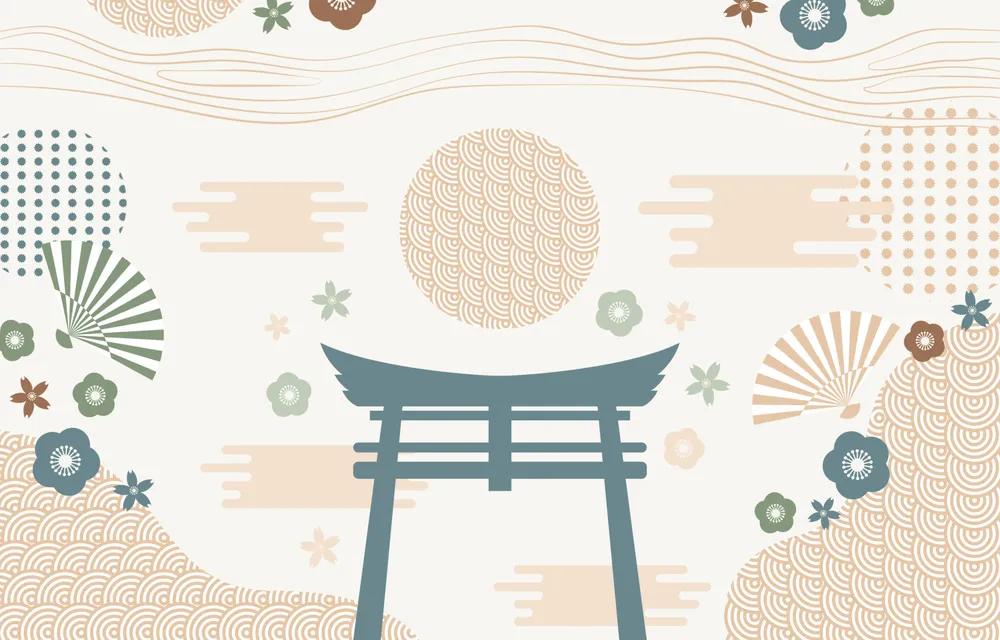 Japanese Background with Flower, Wave, Cloud and Abstract Elements