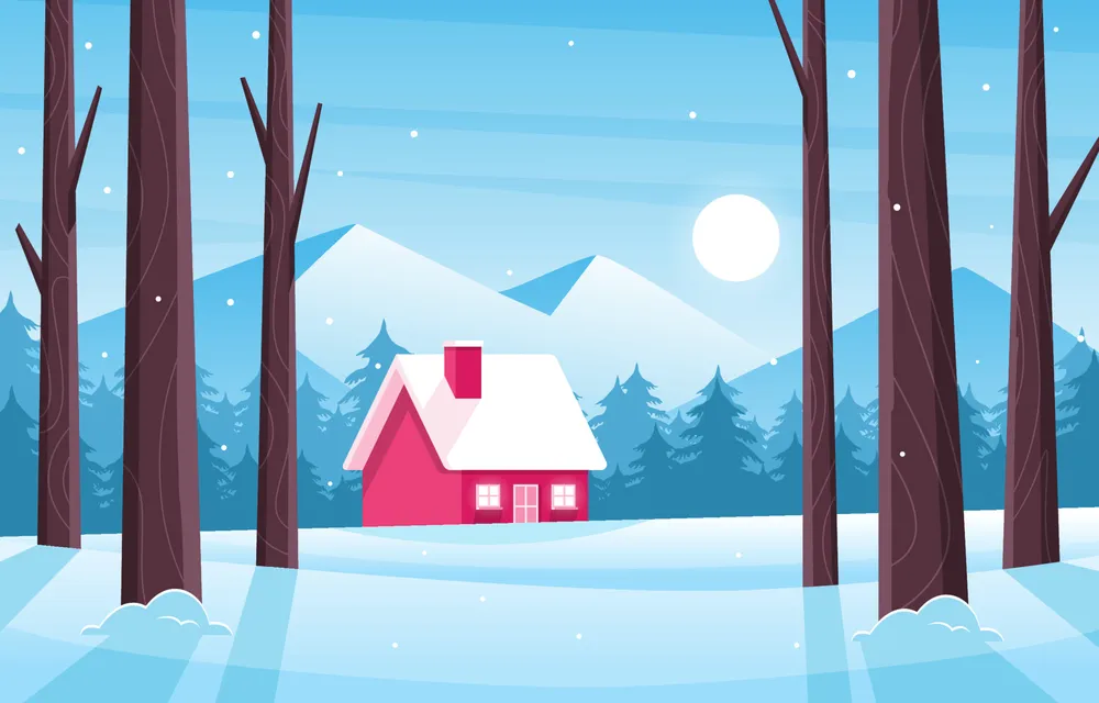 Winter Outdoor Scenery with House and Woods Background