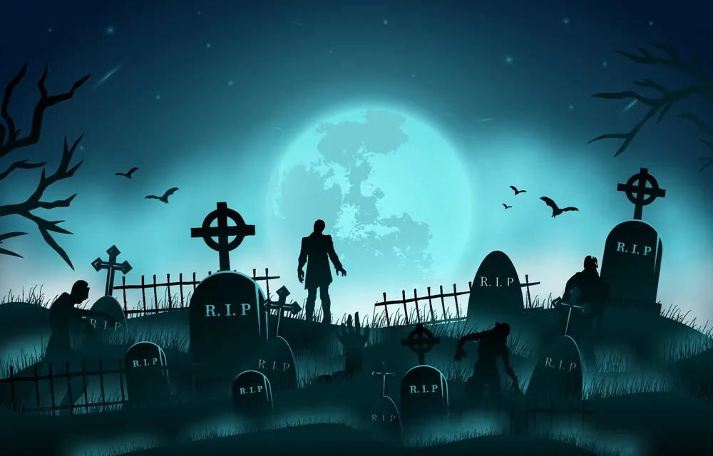Halloween Background with Zombies Silhouette in The Graveyard