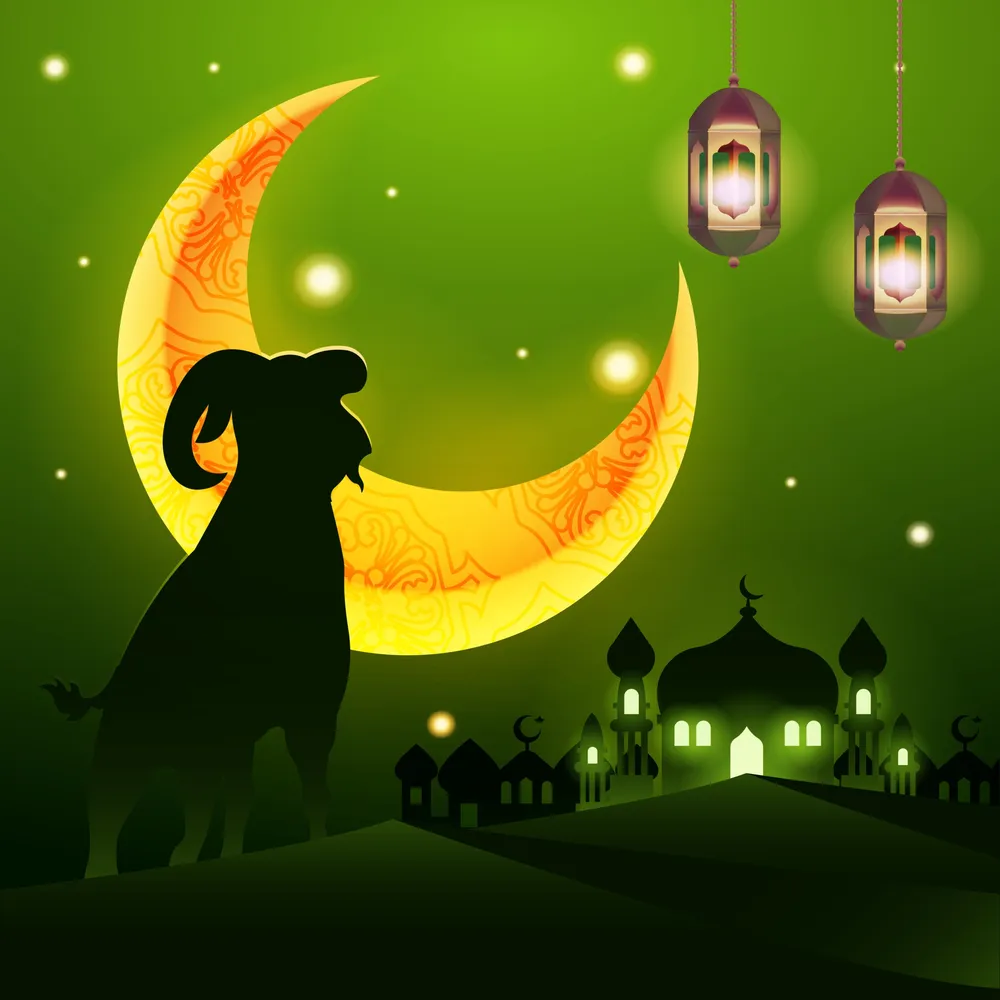 Eid Adha background with mosque and goat silhouette