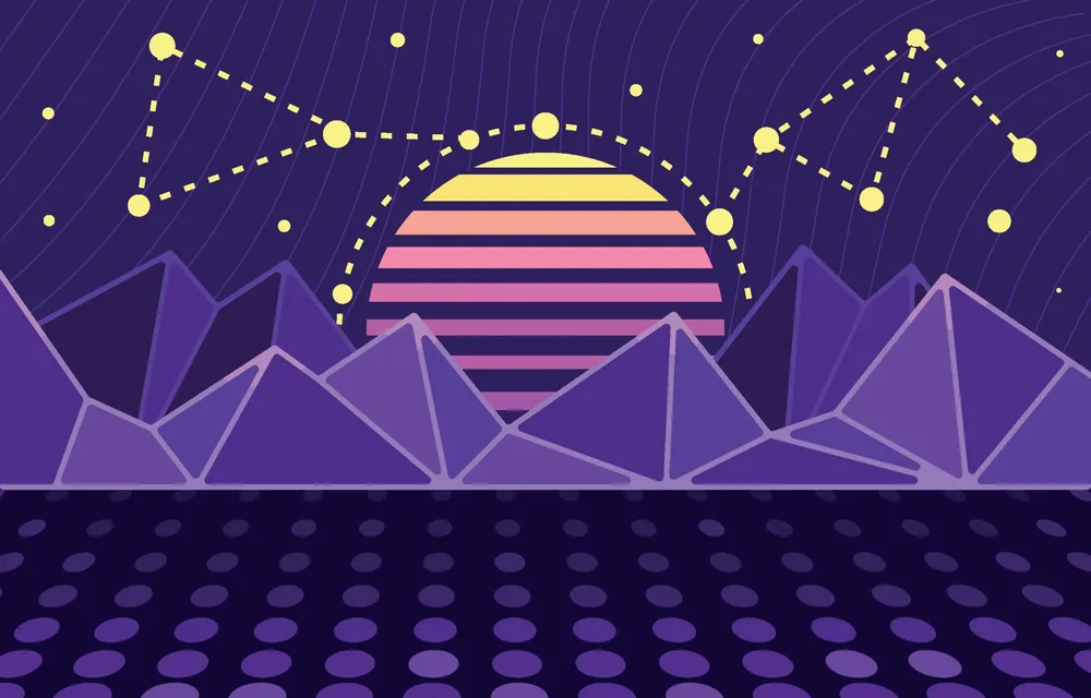 Retro Sunset Landscape Over The Futuristic Mountain Background