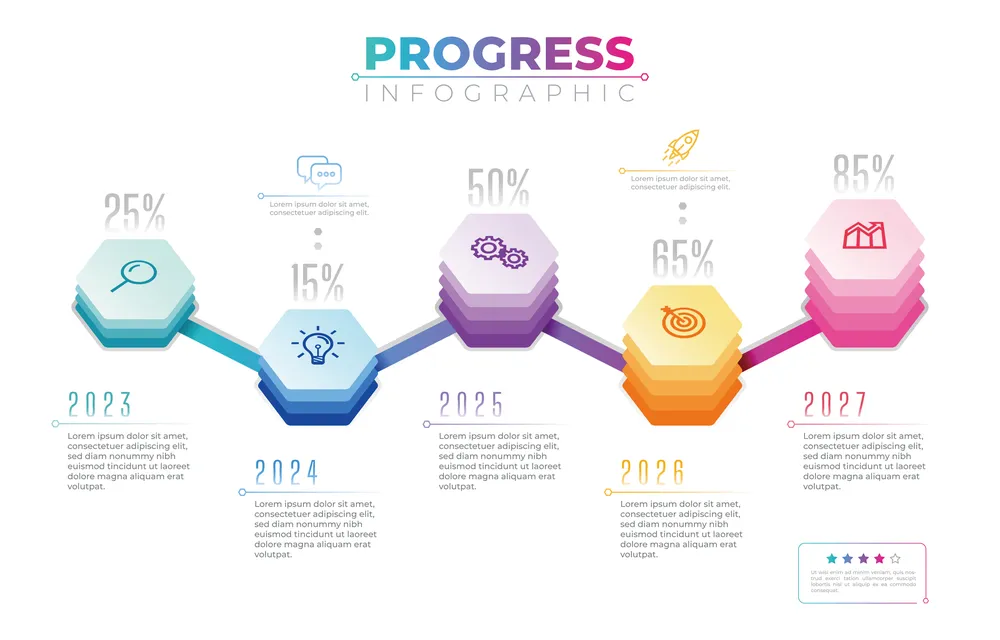 Progress Infographic Template with Colorful Hexagon Elements