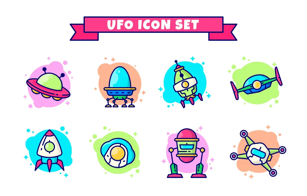Cute Colorful UFO Icon Set