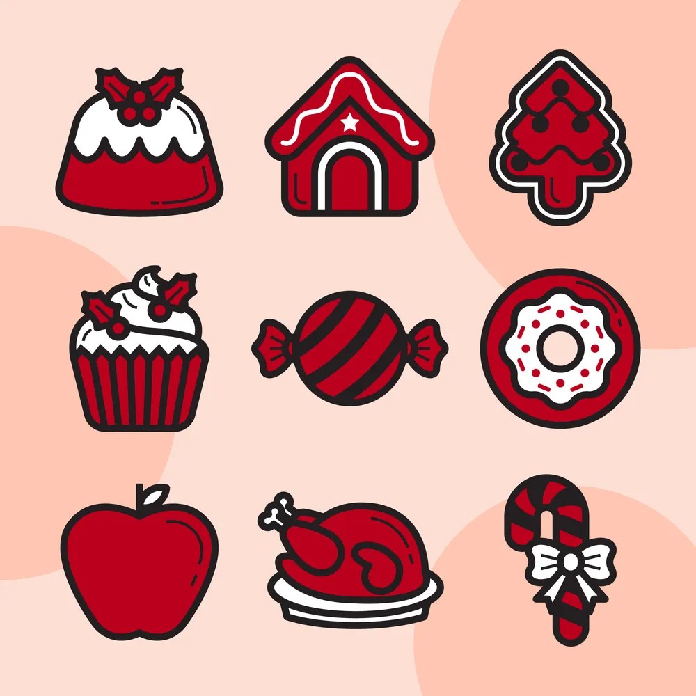 Christmas decoration and food icon set