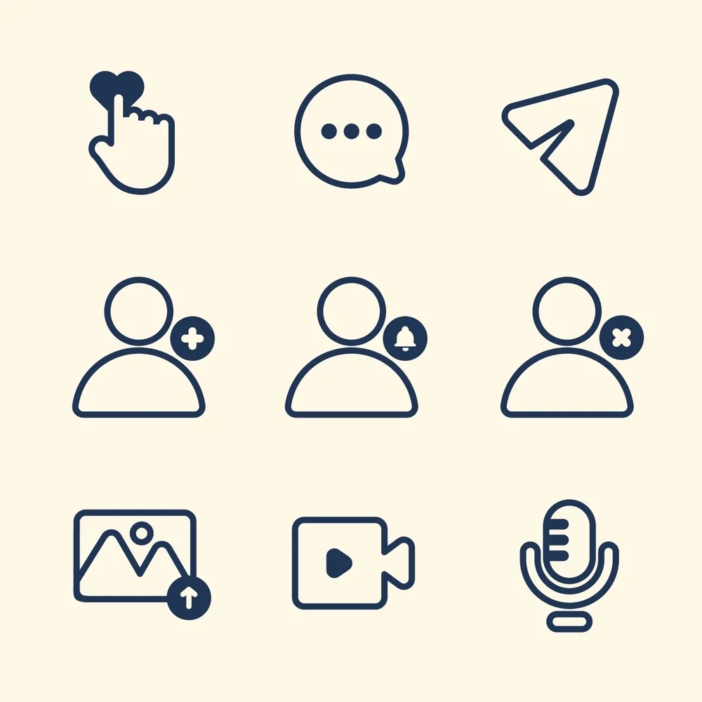 Social Media Icons For Actions And Reactions With Outline Style