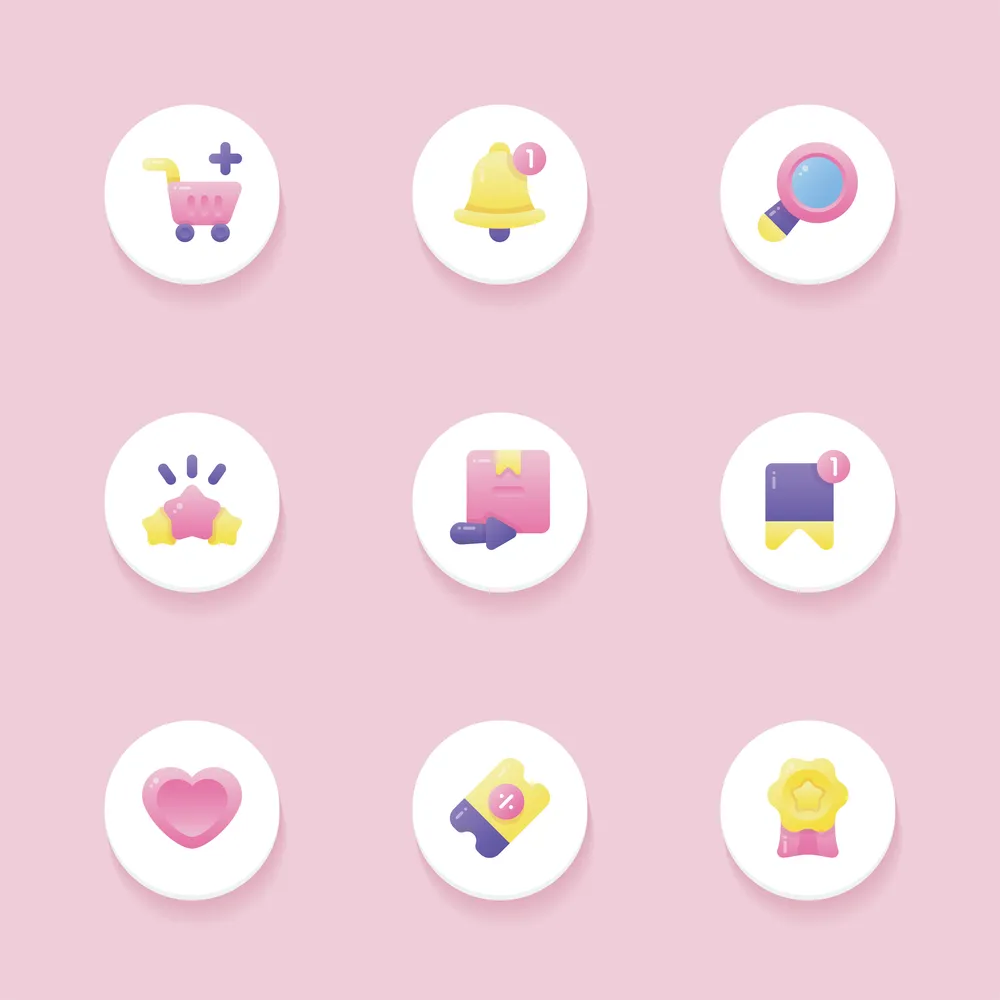 Cute Kawaii Pink, Purple, Yellow Sophisticated Shopping E-Commerce UI Icons for Apps