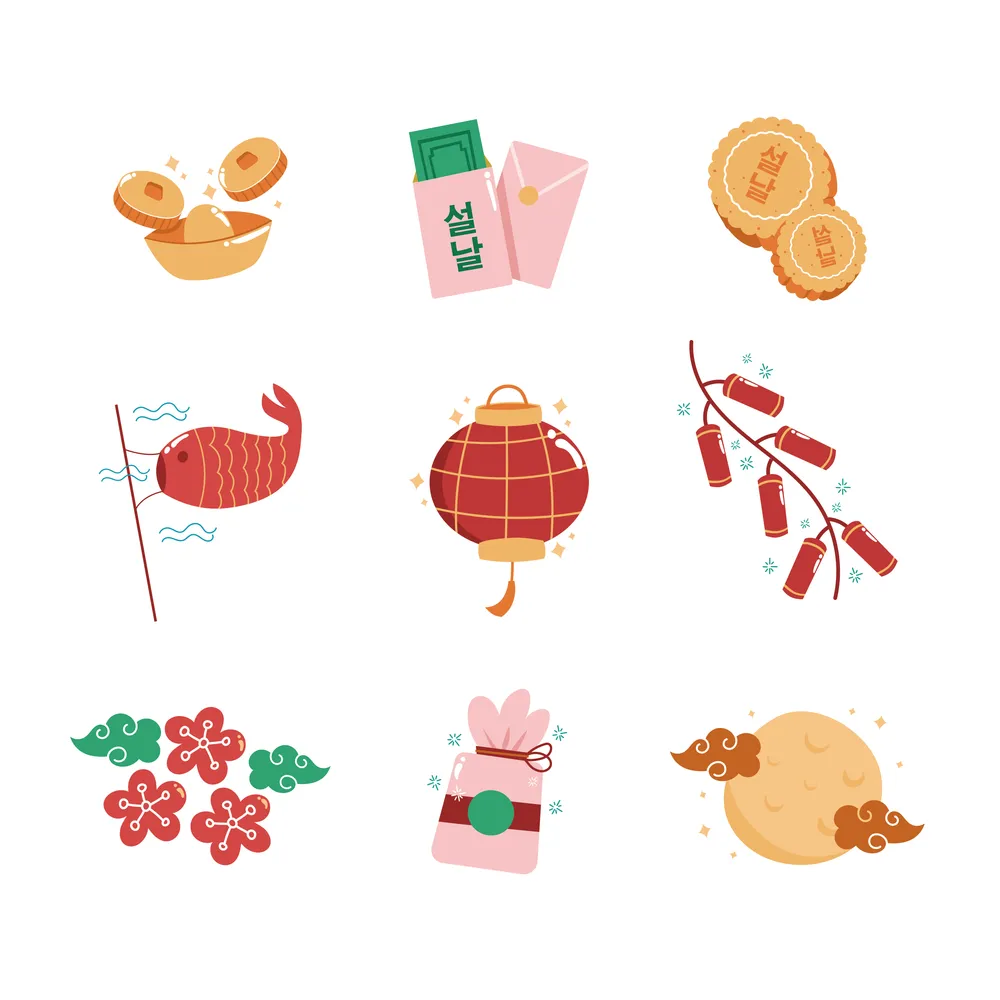 Moon Cake, Money, Gold, Lantern, Firecracker and Fish Kite Seolall Korean New Year Icon Set