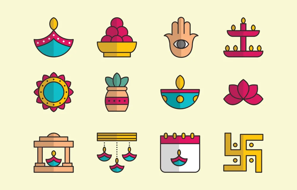 Diwali Festival of Lights Flat Colorful Icon Set