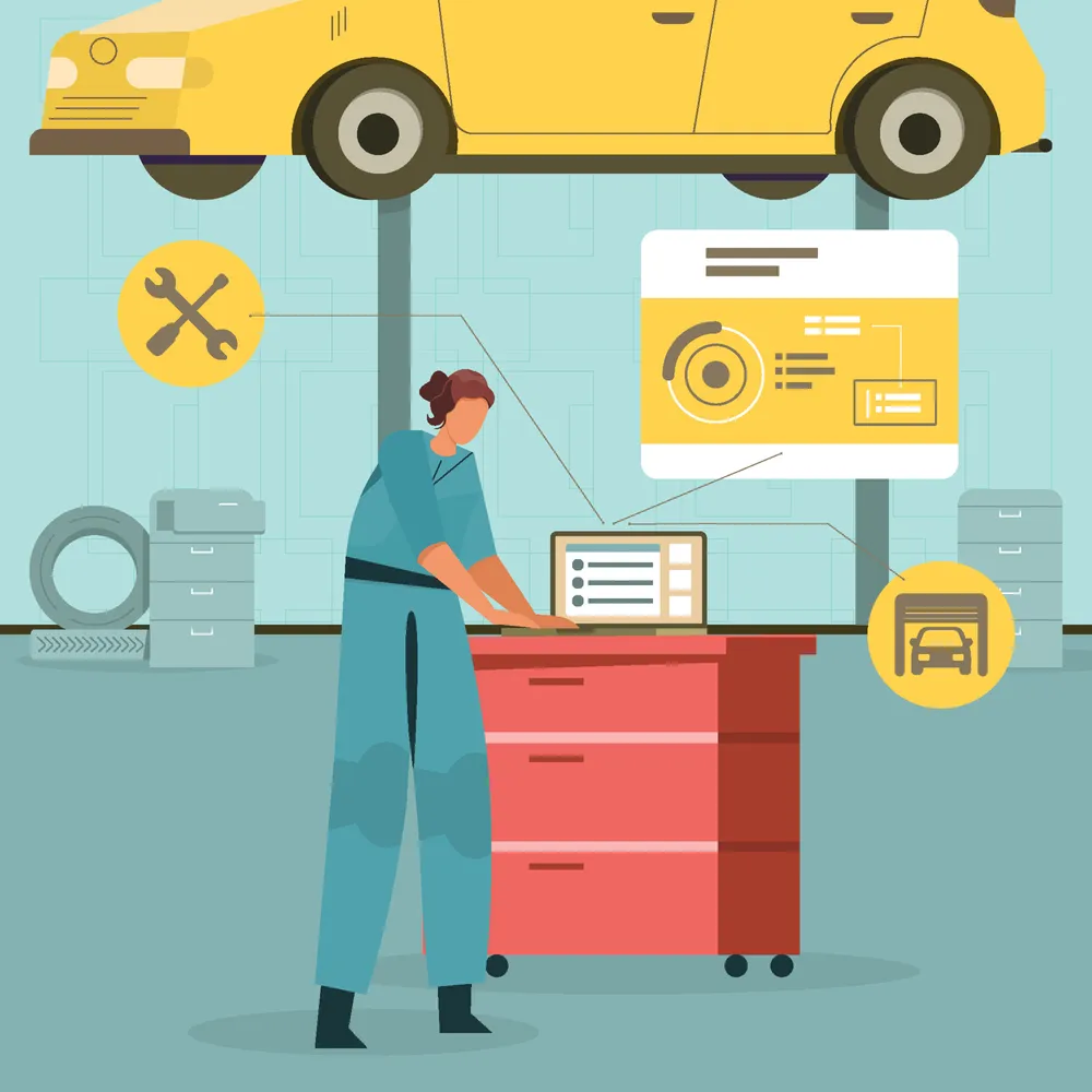 Woman Mechanic Examine Car On Her Laptop Concept