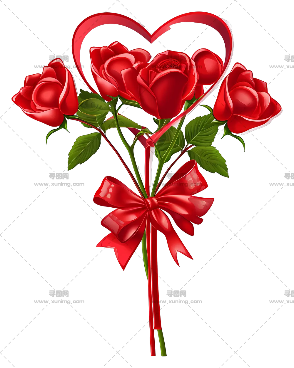 红色玫瑰花束和心形和丝带PNG免抠图预览图