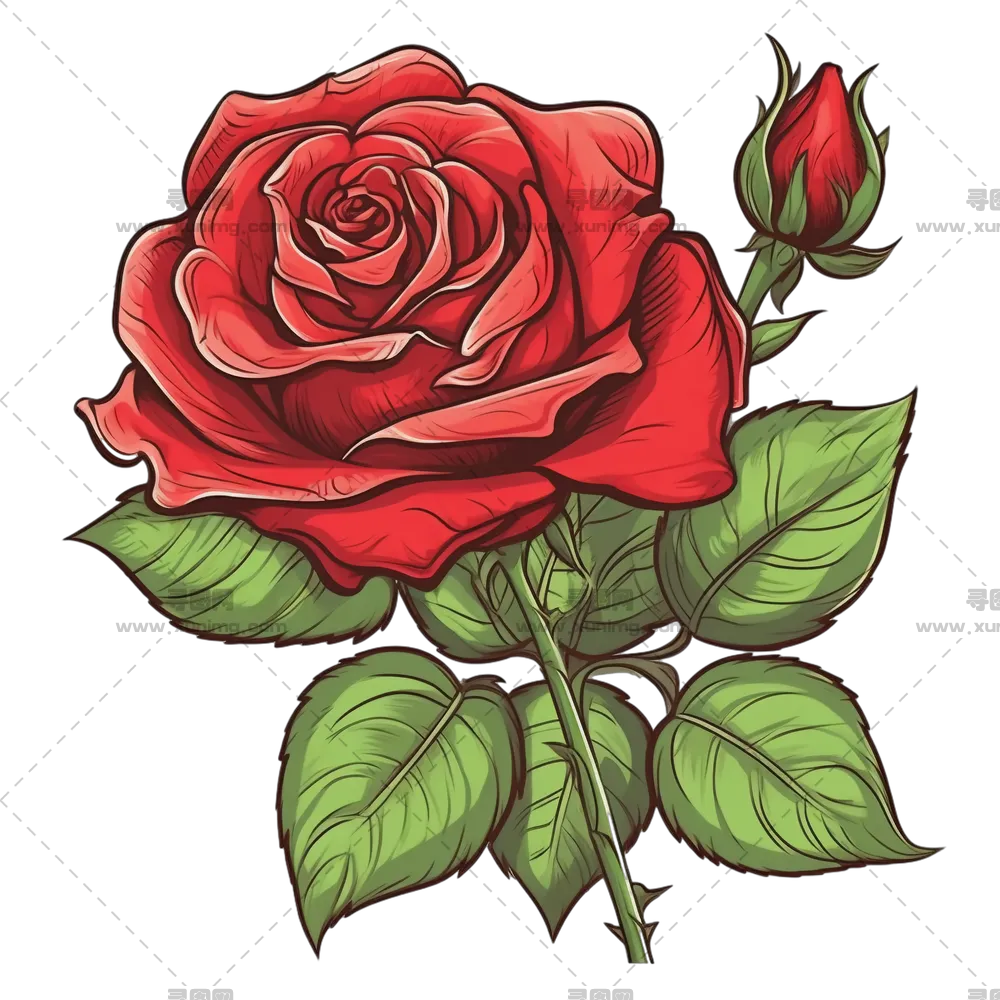 鲜艳红色玫瑰花朵和花蕾插画PNG免抠图预览图