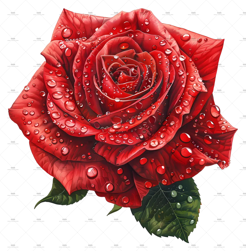 红色玫瑰花和水滴插画PNG免抠图预览图