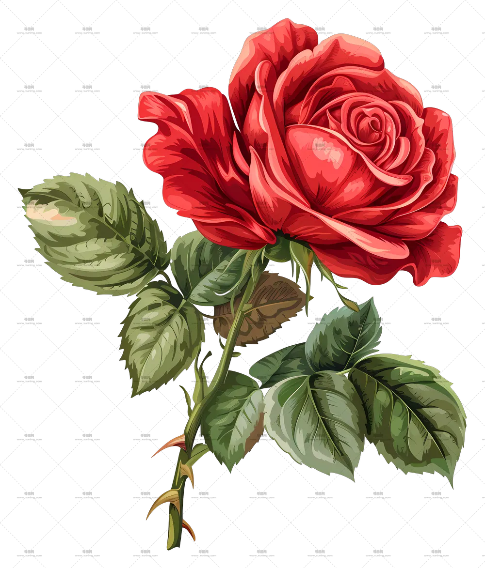 鲜艳红色玫瑰花和绿叶细节插画PNG免抠图预览图