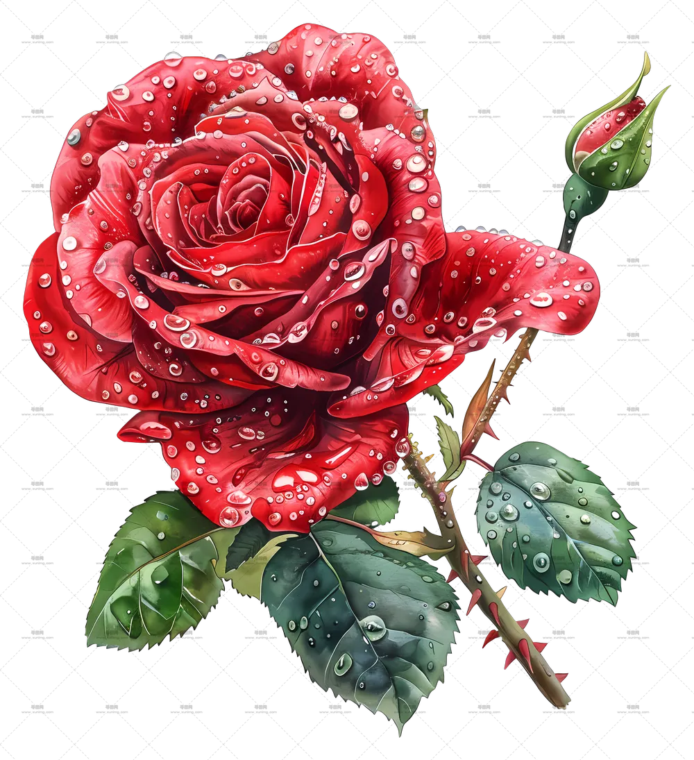 写实红色玫瑰花和露珠插画PNG免抠图预览图