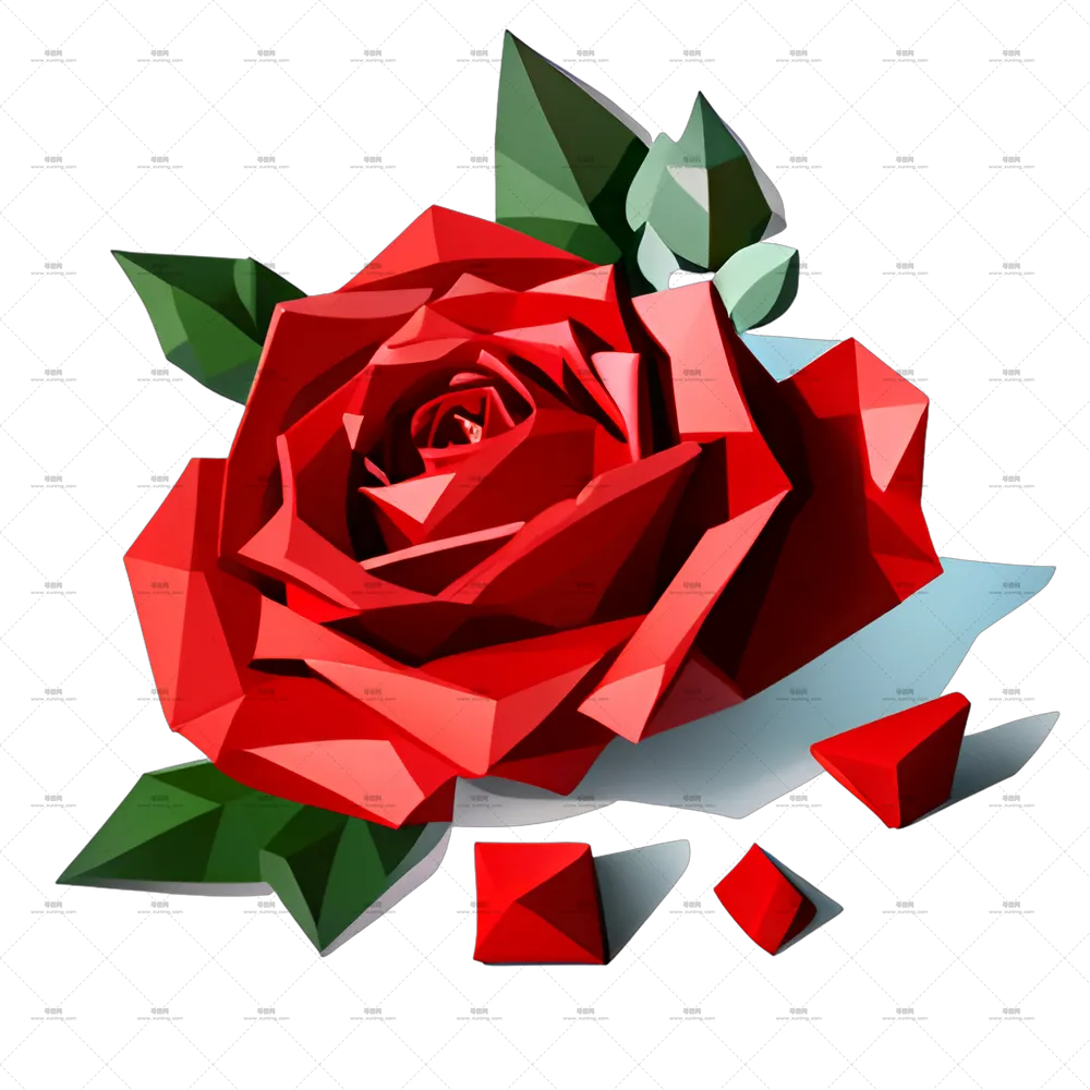 几何红色玫瑰花和花瓣PNG免抠图预览图