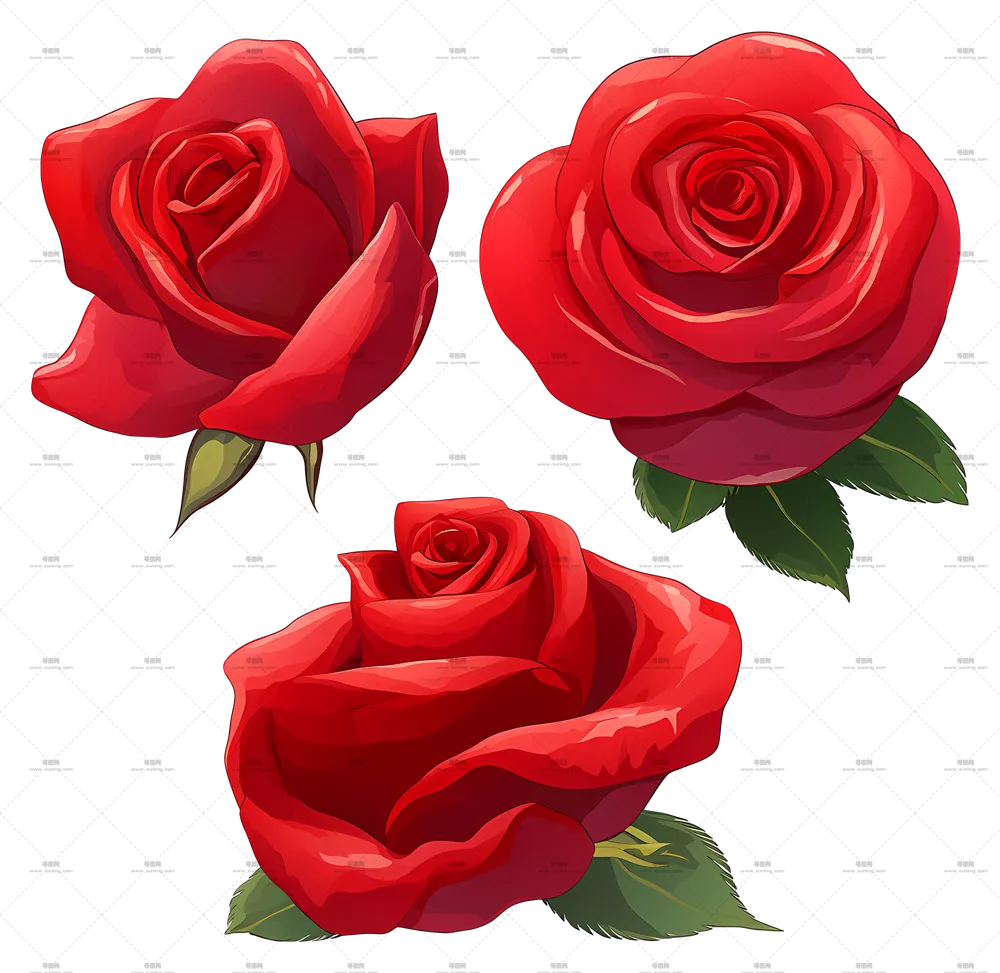 美丽红色玫瑰花和花茎叶子PNG免抠图预览图