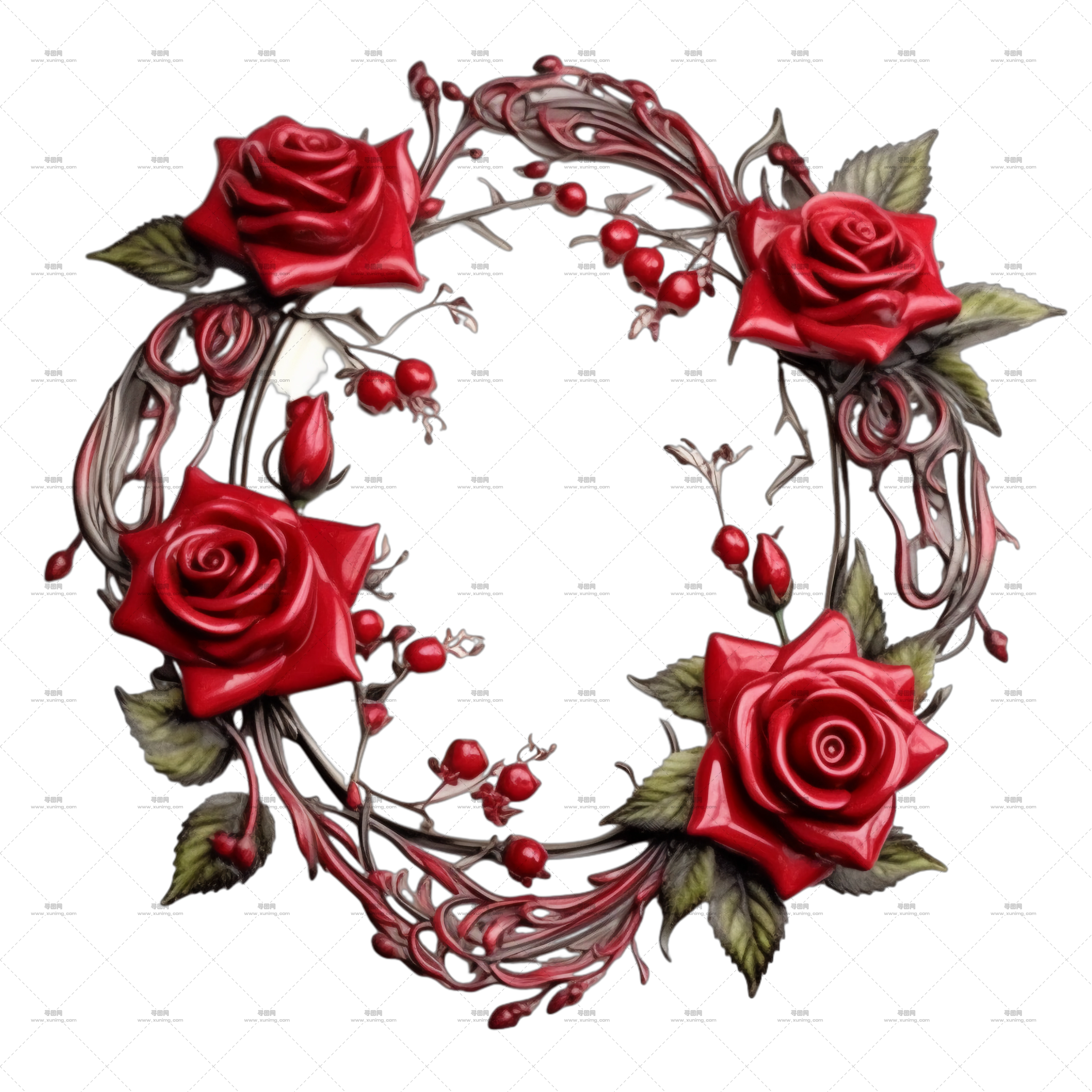 红玫瑰浆果花环PNG免抠图预览图