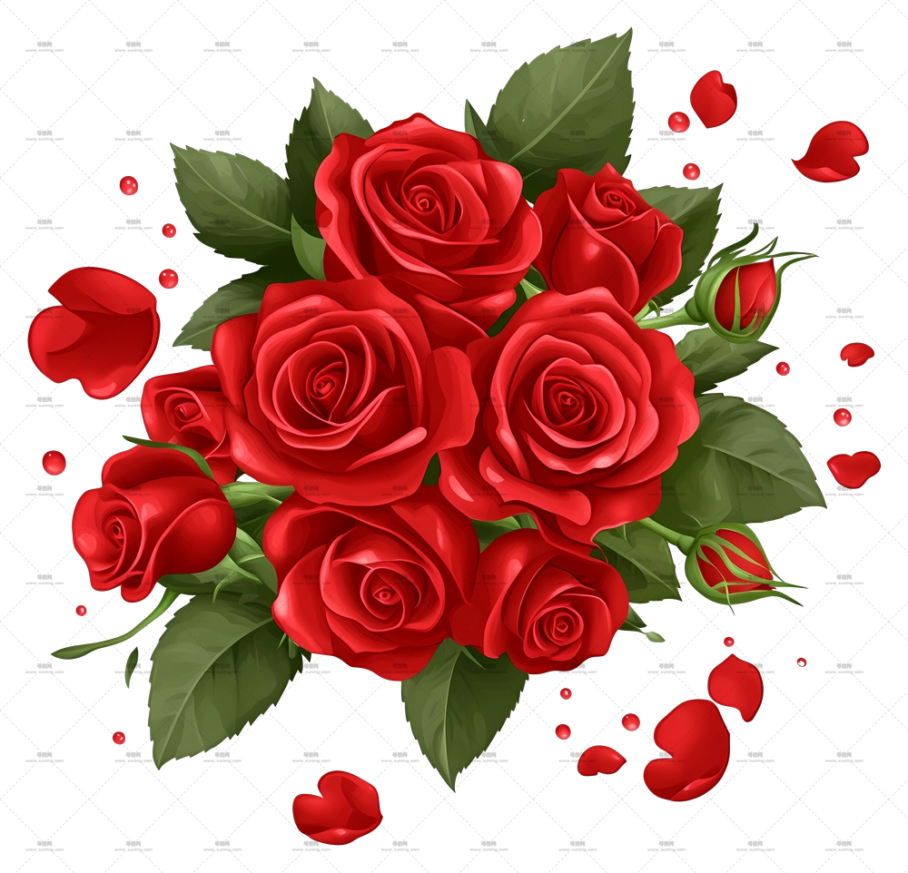 花瓣红玫瑰花束PNG免抠图预览图
