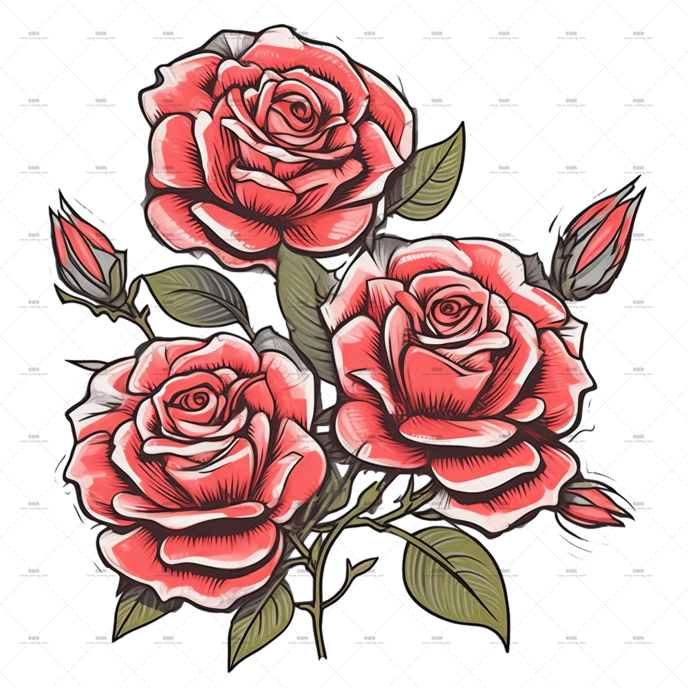 红玫瑰艺术花束插画PNG免抠图预览图