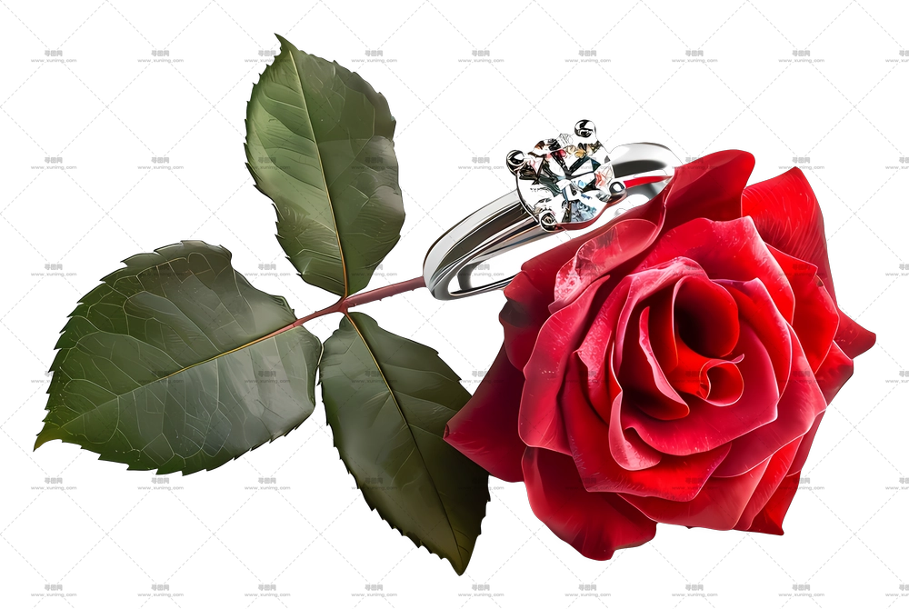 红玫瑰旁钻戒PNG免抠图预览图