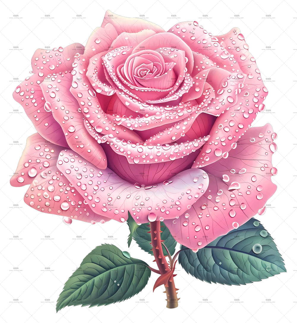 带露珠绿叶粉色玫瑰花PNG免抠图预览图