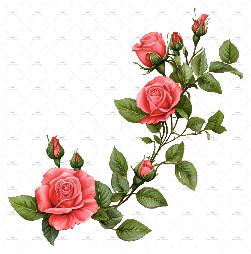 美丽粉色玫瑰花枝条插画PNG免抠图预览图