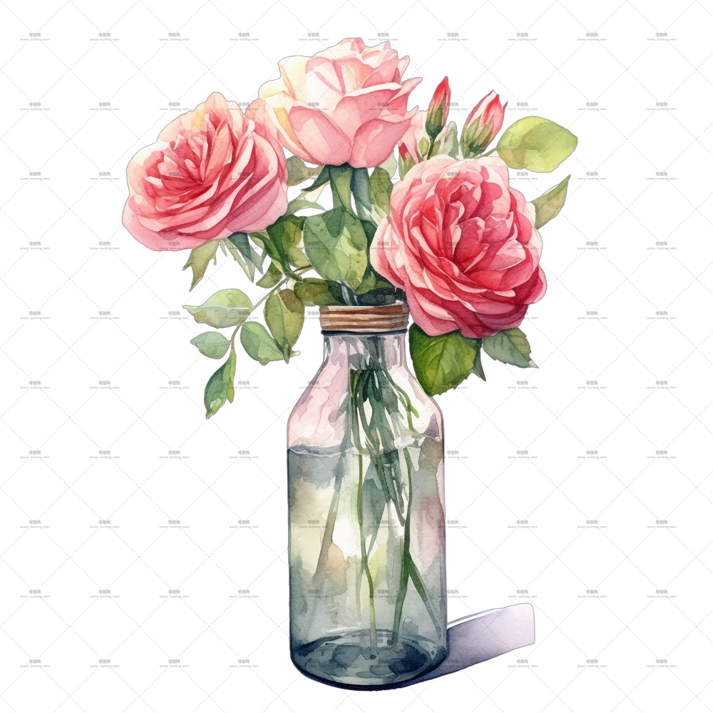 装饰玻璃瓶中美丽粉色玫瑰花PNG免抠图预览图 装饰玻璃瓶中美丽粉色玫瑰花PNG免抠图预览图